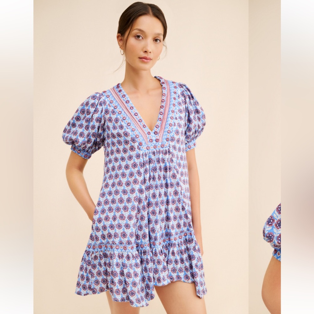 Anthropologie Maeve Puff Sleeve V Neck Medallion Lined Mini Dress Size Medium - Picture 2 of 14
